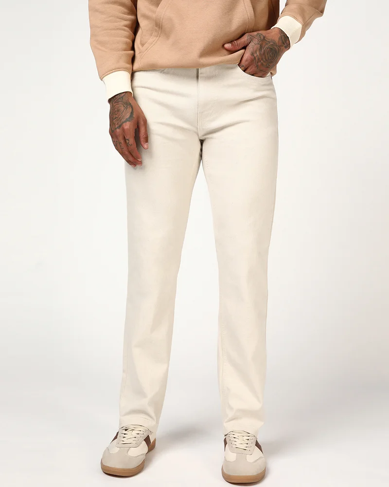 bewakoof Men's Beige Slim Straight Fit Stretchable Mid-Rise Jeans